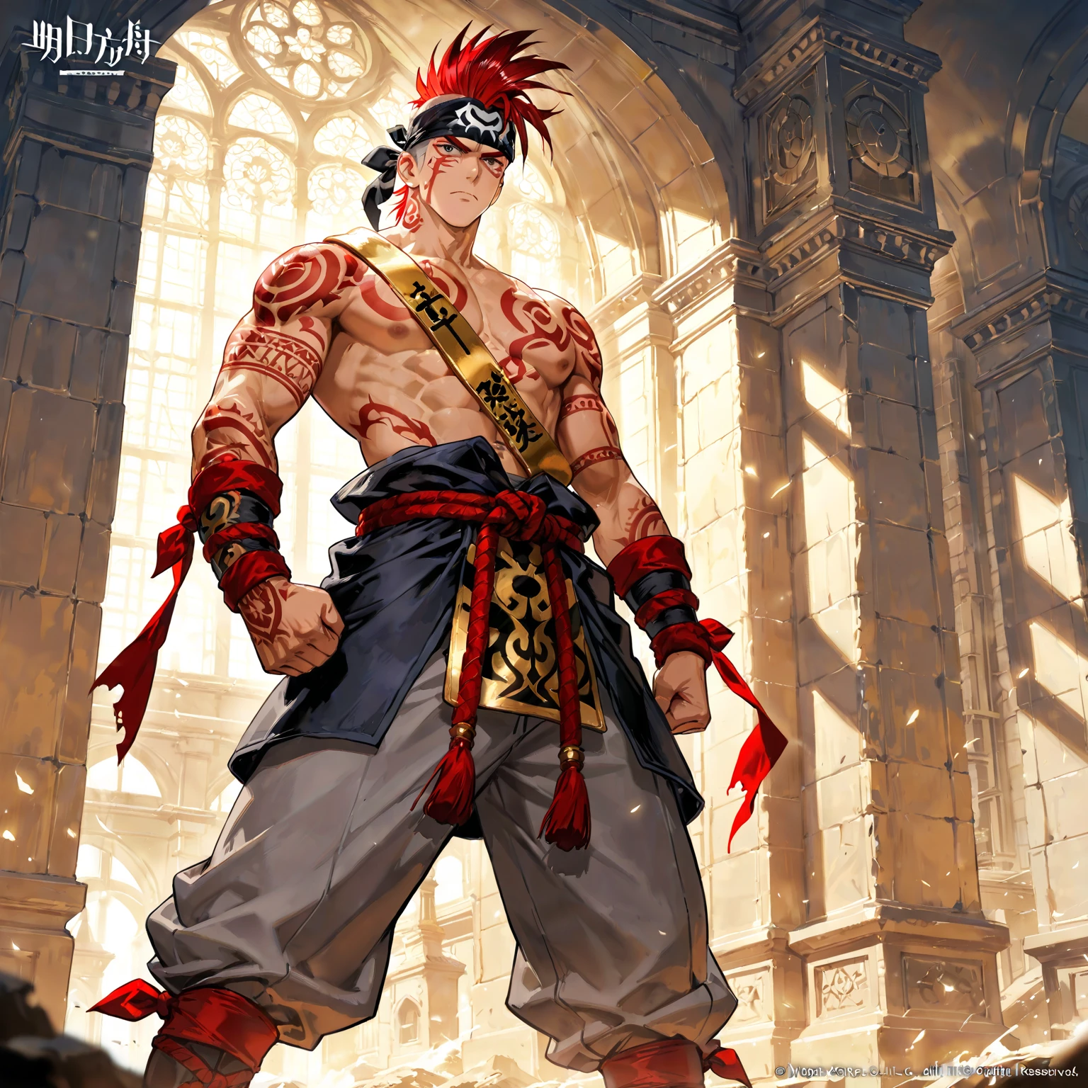 A tall muscular boy Natsu Dragneel , Naked , Legs spread , (The whole body of the character),impact , Sweaty , Wet , Seductive , Bigboobs , large bulge , big balls ,, From the knees , big assa,mecha armour on legs,punky style