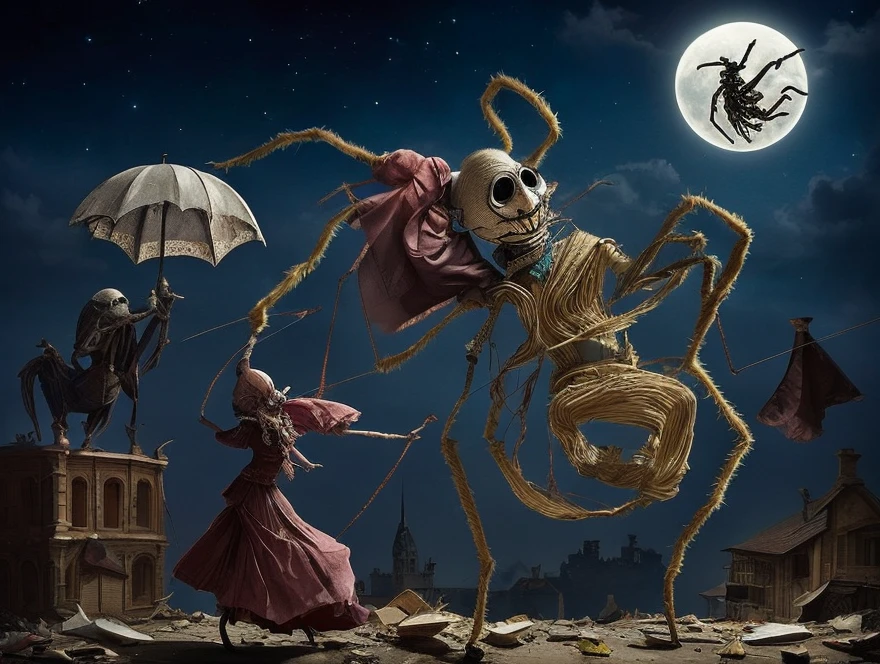 An arachnid demon with human hands and a stitched porcelain face like a puppet master. It dances across the top of a collapsing rooftop theatre under moonlight, pulling strings made of sinew that control shadowy marionettes on the ground below.  

Its limbs wear segments of Victorian lace, and it twitches with every gust of wind. Below, ghostly applause echoes in the night.  

**Style:** Esao Andrews, surreal puppetry horror  
**Color Tone:** Dusty rose, midnight blue, bone ivory  

