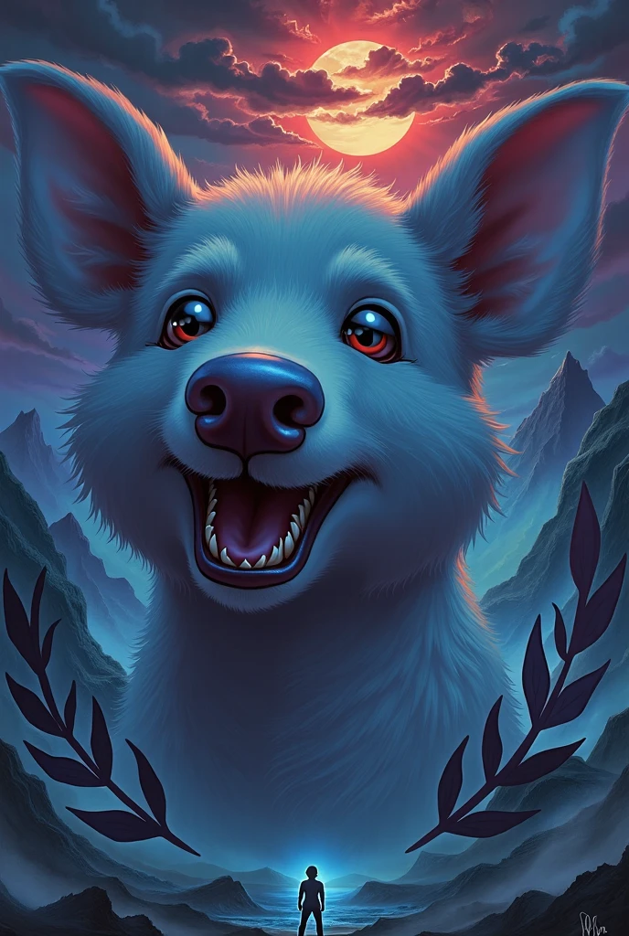 cute wolf, cartoon , arms, hands ,cute eyes, looking at viewer, wolf ears, blood moon