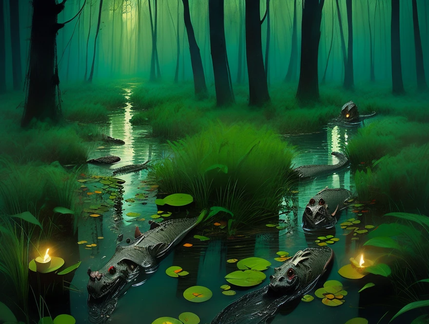 A demonic being wearing an ornate crocodile mask carved from obsidian, with robes made from stitched swamp hides and rotting flowers. He conducts a twisted ritual by firelight in the heart of a fetid swamp, encircled by spirits of drowned victims.  

The trees bend unnaturally, as if bowing to him, and eerie green fire dances atop black water.  

**Style:** Esao Andrews, bayou occult, ritual fantasy  
**Color Tone:** Swamp green, toxic yellow, mud brown  
