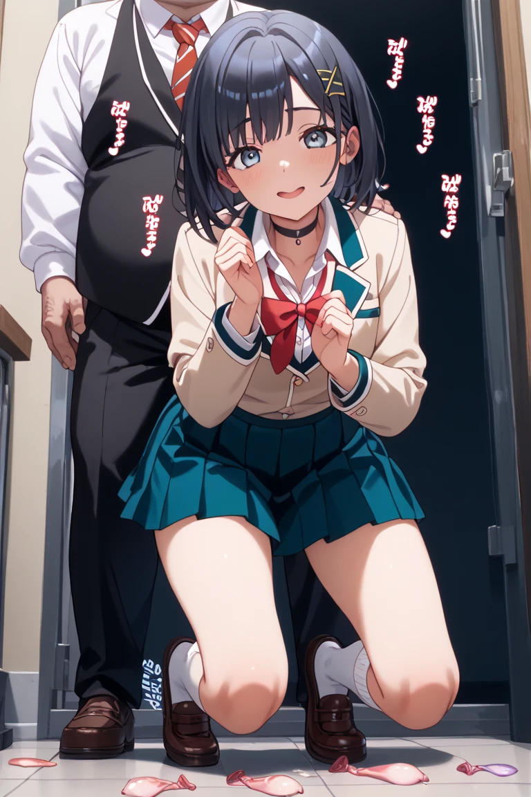 ((1girl, multiple old people)), ((skirt lift:1.4)), ((An old man grabs a woman's panties)), (The old man laughs evilly), Anime cel drawing style, Best Quality, High resolution, gigantic breasts:1.8, bra, Highleg Panties Thong, White sailor suit, Short sleeves, red neckerchief, Blue skirt, blue eyess, Purple hair, Bangs, Side Ponytail, Hair Ornament, embarrassed, fear, blush, looking at viewer, Full body, cowboy shot:1.6, classroom