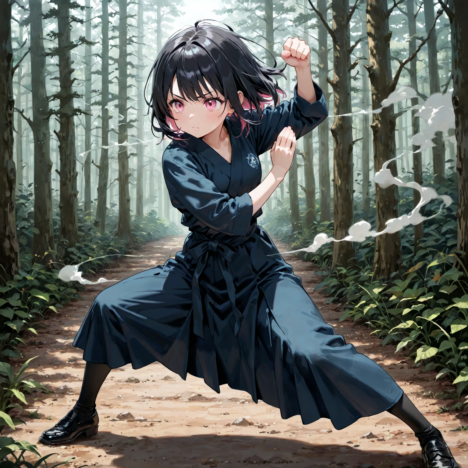 (masterpiece, best quality, detailed), 1girl, solo, kuchikirukia, looking at viewer,
black robes, sash, legs apart, fighting stance, serious, dutch angle, outdoors, forest, nature, grass, tree, flower, leaf, night