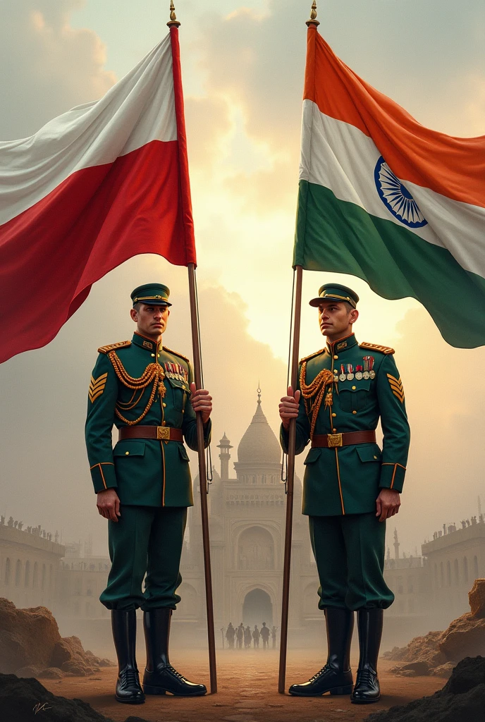 Create a minimalist, World War-era propaganda image. Two prominent figures—an Indian soldier and an Iranian Ayatollah or soldier—stand at the forefront, their handshake intense and symbolic of unyielding unity. The figures are bold but not overshadowed by darkness, with defined details that contrast against a subtle, muted backdrop. The flags of India and Iran lightly curve around them, framing the scene without overpowering the figures. The overall design emphasizes strength and alliance, with a clear, powerful visual impact."