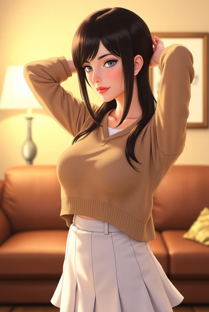 ((best quality)), ((masterpiece)), (detailed), perfect face(((Clean, (Masterpiece:1.6), (Best quality:1.6), (Professional:1.4), (highly detailed:1.4), (HD:1.4),(HDR:1.4),(UHD:1.4),16K))), 1young_woman, solo, mature and sexy, perfect body, big , long black straight hair, bangs, expressive eyes, seductive eyes, (dark blue eyes:1.5), perfect face, (looking at viewer), (blush:1.3), light smile, looking at viewer, (White Turtleneck Shirt), (Black Pants), sitting on a couch,(best quality)(perfect face and body)(huge breast and ass)