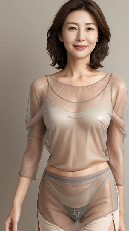 highest quality, masterpiece, ultra high resolution, (realistic:1.5), Raw photo, 1 girl ,simple gray background、in the dark, deep shadow, cold light, sexy look, short hair,(((See-through、cleavage、beautiful navel, small breasts)))