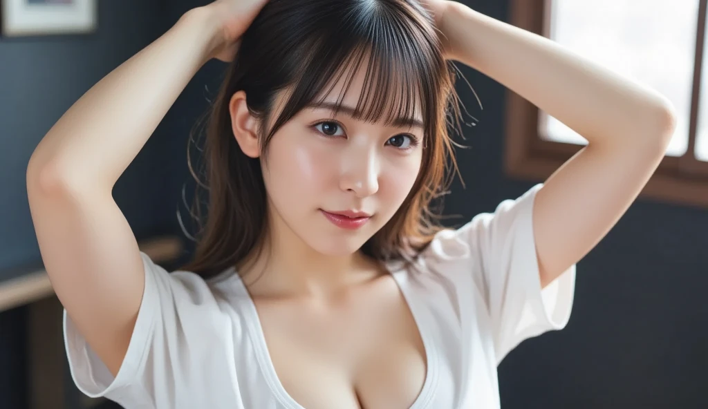 (One Girl), Very cute face, Great face and eyes, (Highly detailed eyes, Highly detailed face), Fresh, Very beautiful appearance, (Super realistic, High resolution), (highest quality:1.4), RAW Photos, (Realistic, Photorealistic:1.37), Professional photography , (see-through sailor suit:1.1) , (Cleavage:1.2) , Smile a little, (Look at me) , Portrait of a Girl , (Huge breasts:1.3) , () , (ponytail hair) , (Nipples can be seen through the sailor suit:1.3) , (pussy juice:1.3) , (tilt your head slightly) , perfect nipples , ((nipples are pink)) , ((pink areola)) , (arms behind head:1.3) , (the man lick her nipple:1.4) , (upper body) , (young face:1.4) , (she looks embarrassed:1.3) , (sweating cleavage:1.2) , (bare breasts:1.5) , (braided hair:1.2) , (((15 years oldyoung face:1.4)