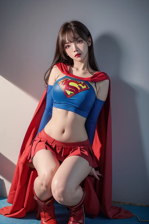 Draw the face in super detail、8K、wearing Supergirl costume、lying back、Sadness look、s asleep、Draw the face in detail、decedent、Unconscious、Writhing、Wear a red cloak、Hairstyle is short hair、Always close your eyes、Get bloody、Bloody、Suffering、Hung、defeat、die、Climax face、He always has a pained expression on his face、A look that is sure to suffer、Weakness of the face、Inevitably a dead face、A fighting beautiful girl who always spits blood from her mouth、japanes、Cute Beautiful Girl、(((Wear black tights on your beautiful legs.)))、(((beauty legs)))、(((Open thighs)))、((((Make the most of the original image)))、(((Supergirl Costume)))、(((Beautiful hair in a short cut)))、(((Injured)))、(((Be sure to wear black tights on your feet)))、(((You need to wear red boots)))、((Top image quality、8K))、((top-quality、8K、masterpiece:1.3))、(((Keep your background simple)))、Crisp focus:1.2、Beautiful woman with perfect body shape:1.4、Slender Abs:1.2、a wet body:1.5、Highly detailed facial and skin texture、8K、Keep your background simple