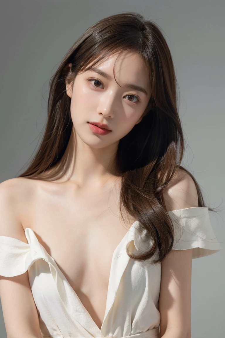 masterpiece、Highest quality, Ultra-high resolution、8k,photograph、1 girl, (Skin dents), (Large Breasts:1.4), bright, , (Asymmetrical bangs, Please comb your hair、very long wavy hair:1.5), (Floating Hair:1.0)、(A loose pastel-colored bustier)、(Cleavage)、soft, drooping udder、Heterochromia iridis、sad、grassland、Spring Sky、Soft sunlight
