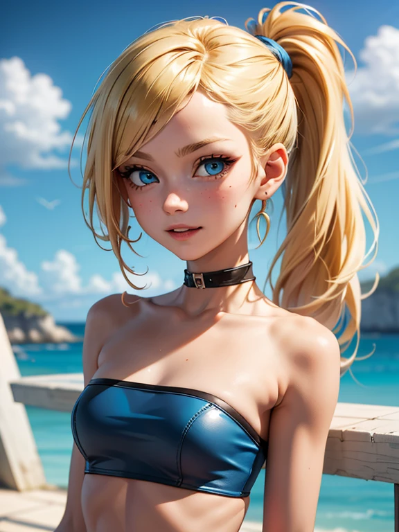 (masterpiece, best quality), 1girl, <lora:DBS_CauliflaSSJ_v1:1> cauliflassj, 1girl, solo, aqua eyes, blonde hair, spiked hair, big hair, super saiyan, bare shoulders, midriff, pnk top, crop top, strapless, tube top, bandeau, purple pants, baggy pants, puffy pants, black wristband,