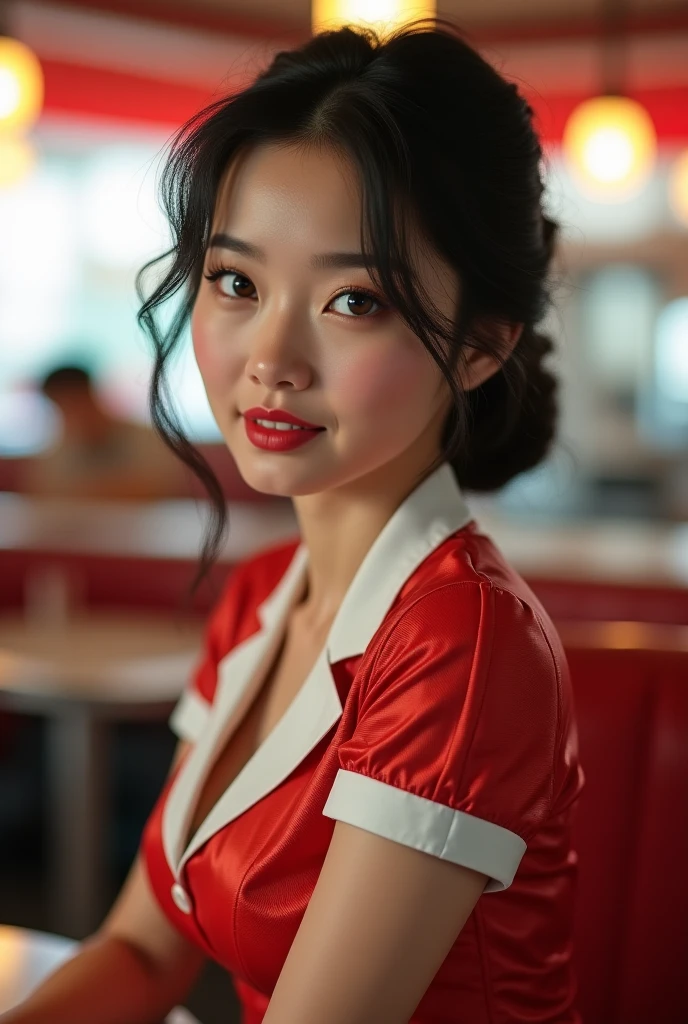 (((Top quality, 8K, Masterpiece: 1.3)), Beautiful girl, Pure, Melon face, feminine and cute, kind smile, Pure desire, Slender body, (Front), (Tilted head), ((Looking at camera) ), wearing an elegant red dress, black silky short bob hair, long flowing shoulders, round black big eyes, clear big eyes, moist red lips, sweet, sitting on a chair, cafe terrace background ,(((waist shot))),SFW, night Bokeh, Hair accessories, high_angle_shot)