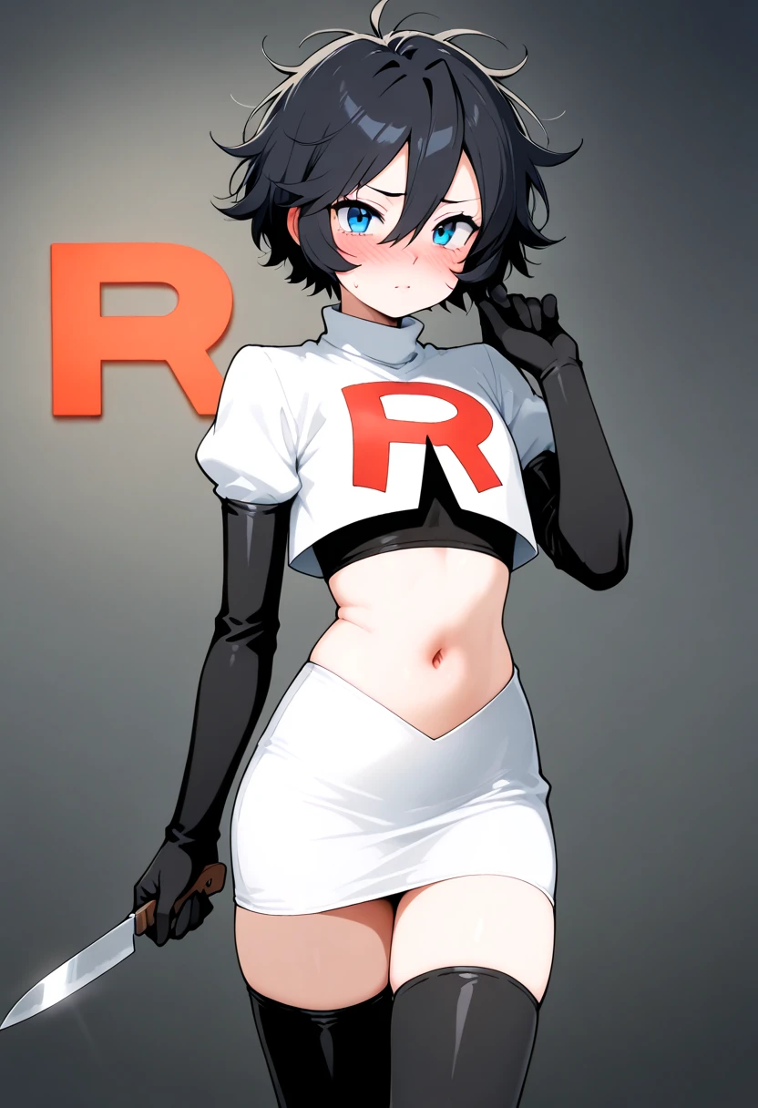 1girl,team rocket,team rocket uniform,white skirt,crop top,black thigh-highs,black elbow gloves,