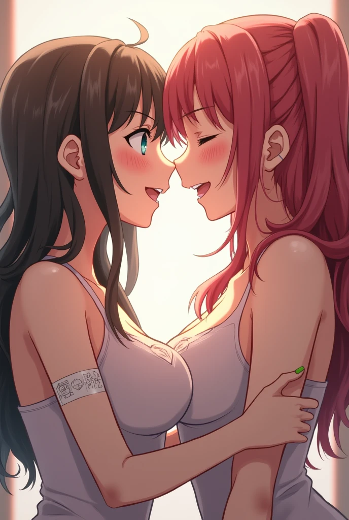 2 girls kissing, blush, saliva, bosom to bosom, moaning, motion lines, breathtaking