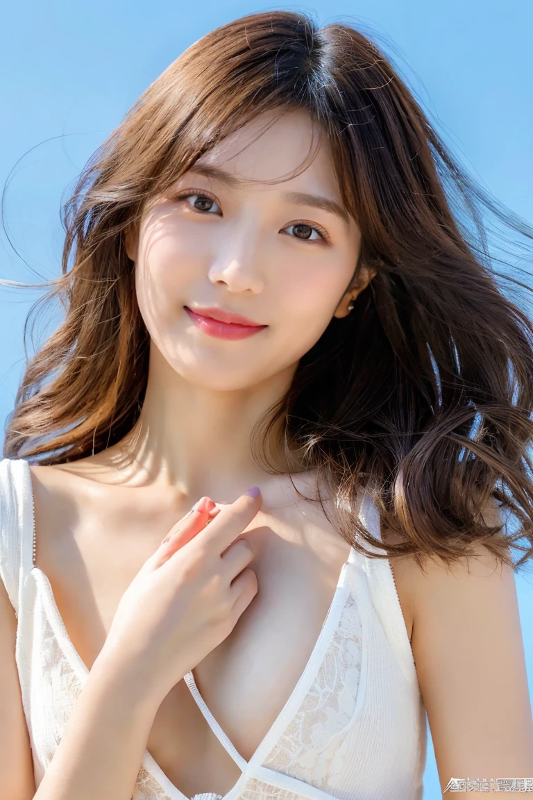 top-quality。8K-Picture。Young gravure idols。Beautiful Women in Perfect Style。Slender but big breasts。The attraction of the gap。Slim abs。dark brown hair。(Colossal tits:1.4)。kawaii eyes。Double eyelids。long, Wavy Hair。Very delicately drawn face。Perfect Style。Shot in a red swimsuit。(The fate of gravure idols、Colossal tits:1.4)。Subtle smile or shyness。