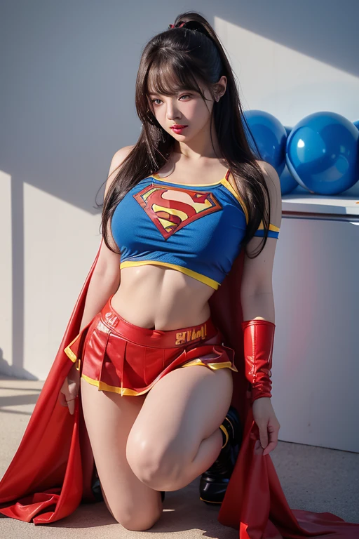 Busty Supergirl、wearing bikini、Lift your chin、(A long rubber hose is wrapped around one's neck:)、(A large number of rubber hoses are approaching from behind:1.8)、