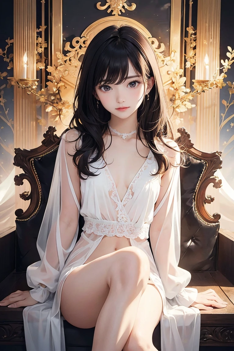 One Woman、masterpiece、Surreal((Superb photo quality、super high quality))((((White、Sexy Dress、Gorgeous rhinestone decoration、The ultimate mini skirt、Choker on neck、High heels、)))))((Bright smile))、((Beautiful Hair、Super long straight hair、Moisturized hair、Redhead))(Droopy eyes、Sparkling eyes、Eye-catching、stare)(((13-year-old girl、Small face、Super Baby Face、Idol Makeup、Surrealな質感)))(Fair skin、Realistic Skin、Very white skin、超Big Breasts)((Super dark upscale bar、Leather sofa、Rococo))、Beautiful armpits、Firm chest、Round Breasts、Small waist、Waistline、Long legs、Bold and erotic、Sexy pose、Big Breasts(((Full Body Shot)))