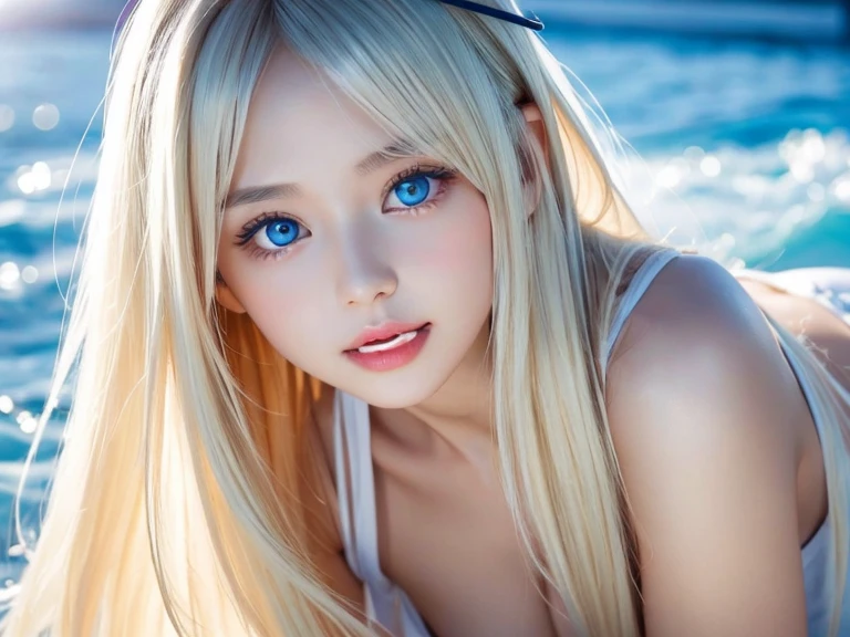 Mastepiece, Best Quality, Illustration, Super detailed, Fine details, High resolution, 8K Denden Wallpaper, Perfect dynamic composition, Beautiful detailed bright sparkling pale sky blue eyes, Women's Fashion Summer,Super long platinum blonde hair、Bangs between the eyes、,Big Breasts、Natural color lip, Bold sexy pose,A shy smile,Cute、20 year old girl、Small Face Girl、Sexy shot looking at the camera、Cheek highlighter