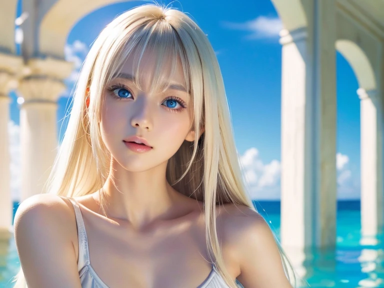 Beautiful, glowing skin, 3 Up, nice, bright, Refreshing and gentle look, Perfect beautiful face、Super long straight hair with shiny platinum strands, Beautiful shiny bangs, Very beautiful 17 year old girl, eyeliner, So perfect and beautiful、Lovely large, clear, sky-blue eyes、非常漂亮bright眼睛亮点，White Yoga Wear，Very large breasts，The original skin is visible through the grooveuscular body