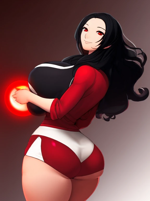 best quality, (masterpiece),(ultra-detailed), (high quality), (high resolution), nude, smile, two-tone hair, black choker, red hair, open mouth, hair ornament, long hair, hair between eyes, multicolored hair, looking at viewer, choker, black eyes, 1girl, solo, colored inner hair, black hair,red eyes, huge tits , thicc ,curvy , big ass, arrow waist, sweat, body naked, fullbody