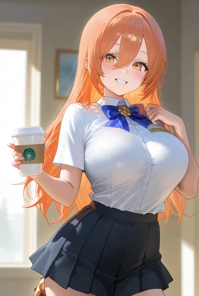 Redhead, working uniform, office background, anime background, extremely detailed hands, light brown eyes, slim, good attributes, long hair, heart ribbon on head, black skirt, ((white shirt)), faint blush, holding folders, exposed thighs, faint smile, sitting on table, (((Drinking Starbucks coffee)))