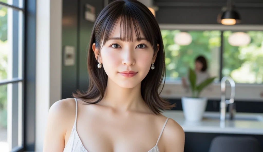 best quality, photorealistic, 8k, high res, 1girl, woman, (skindentation), (portrait:0.6), gorgeous, ((whitebackground:2)), ((sleeveless white tshirt, smallsize round breast:1.9)), straight-looking at viewer:1.8, (1girl eyes looking at viewer, short-length hair, brownhair, partedbangs:1.65), photorealistic, (bokeh), (closed mouth:1.96), gorgeous, pureerosface_v1, <lora:AVID-miura:0.75>