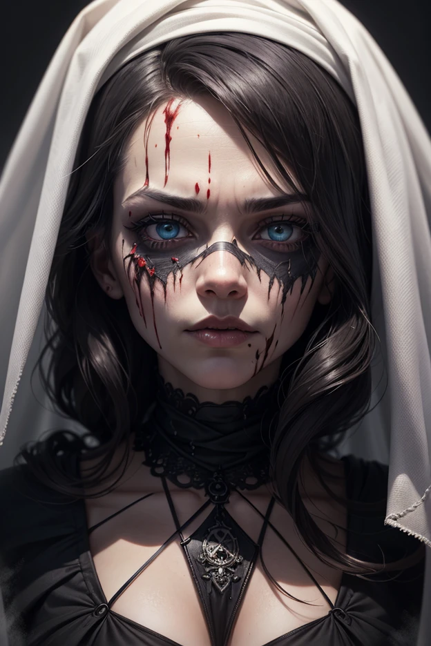 realistic epic, Woman crying with (goat horns 1. 2), sad look, deeply sad expression, red and swollen eyes, furrowed brow, red nose, wet cheek, Half-open mouth (blood, tears 1. 2), (blood stains on face 1. 4), (The Dark Shot: 1. 4), black hair, beautiful detailed eyes and ears, dramatic lighting, painting style, gothic art, black eyes, French artist Alexandre Cabanel., oil painting, (Realistic details), (poor peasant clothes 1. 2), Veil, cutout, (bare shoulders), Gothic Lighting, Old gothic cathedral background, dim lighting, frowning