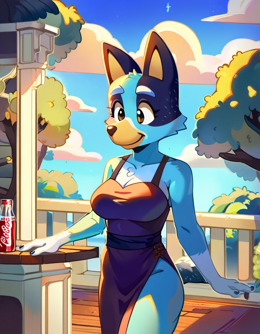 punctuation_9, punctuation_8_High above, punctuation_8, 1 girl, fountain_animated cartoon, fountain_velues, azulyxl, blue healer, (boxchibi:0.2), de 18 anos, cowboy shot, anthropo, velues, Tailpussy, blue body, animal ears, flat shaded background, sky, giorno, nube, blue sky, curved, Female One, hourglass figure, , deTailpussyed fur texture, cute outfit, blue shorts, pink blouse, longsleeve,sexly,muslos grandes, big-ass, big boobies,Bullish, sensualizing
