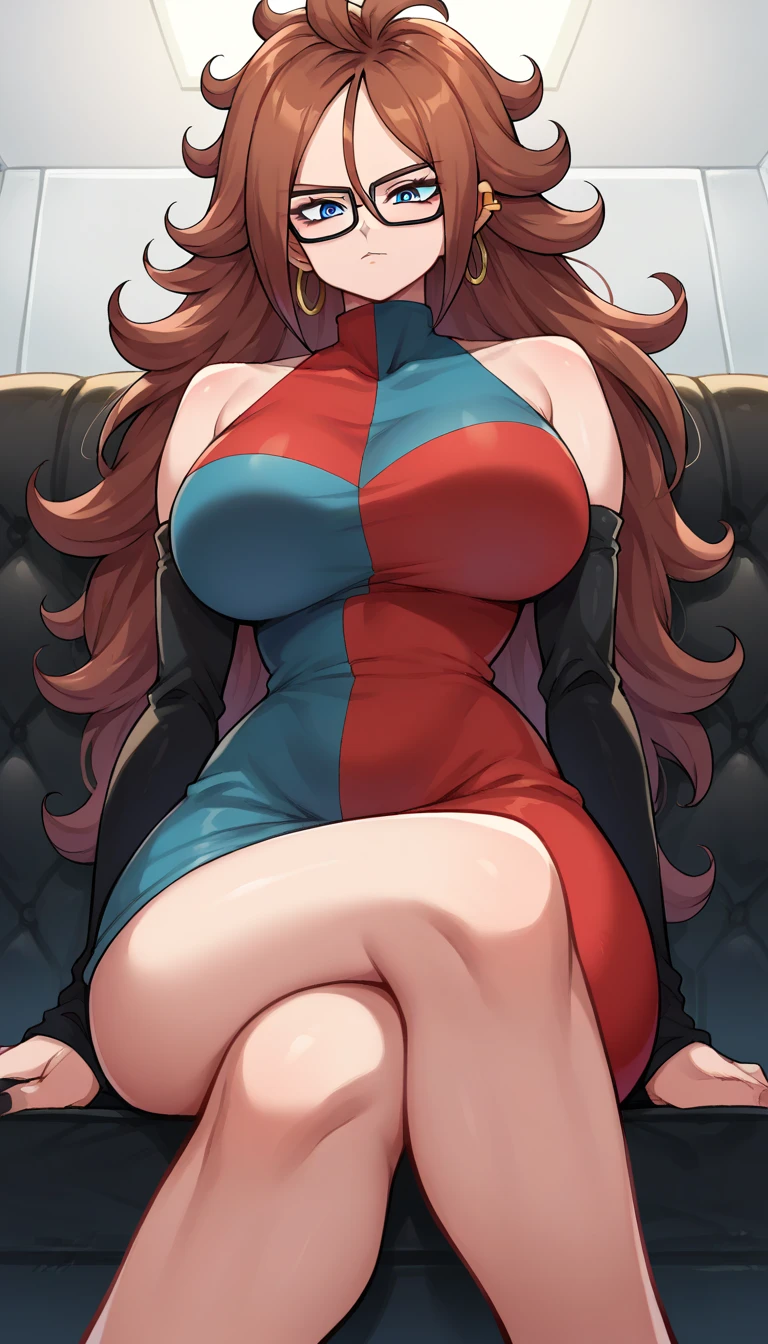 (best quality:1.3), android 21, ), face detailed, face in 8k, perfects eyes, perfect mouth, emphasis on the face, busty, She is on the side, showing the side to the viewer, body is on its side, red and blue dress, Tight dress, very short dress, cleaveage, (brown hair), seductiv, rosto sexly,  sexly, body curvy, big-ass, (short dress), strong legs 