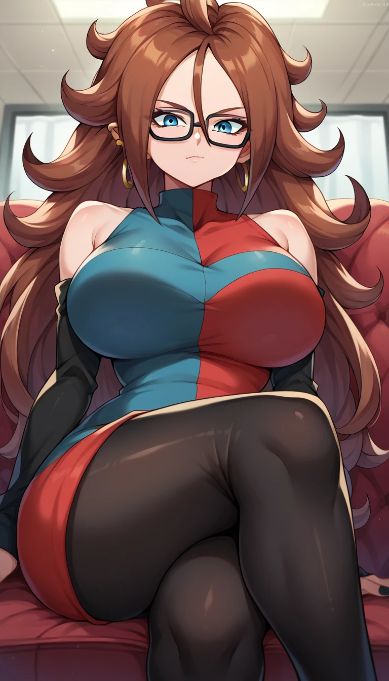 (best quality:1.3), android 21, ), pernas abertas, corpo sem roupas, corpo nu, peitos expostos, vargina exposto aberta, bunda exposta, face detailed, face in 8k, perfects eyes, perfect mouth, emphasis on the face, busty, She is on the side, showing the side to the viewer, body is on its side, red and blue dress, Tight dress, very short dress, cleaveage, (brown hair), seductiv, rosto sexly, sexly, body curvy, big-ass, (nudez), strong legs
