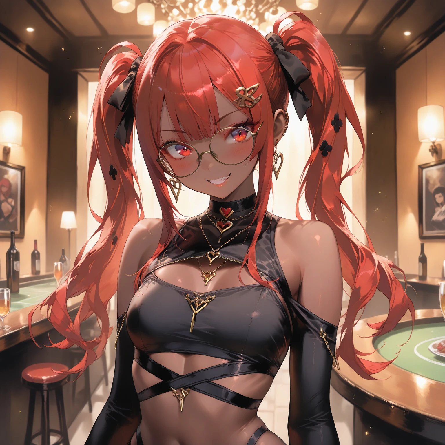 18 year old Japanese looking woman with long straight red hair and an eye patch dressed as a samurai in black armor with green highlighting her breasts, tiene una espada en la cintura, She is sitting at the counter of a Japanese-style bar. Artistic full body photography
