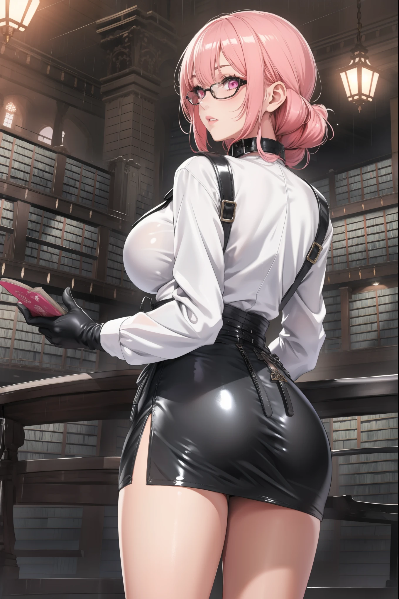 bright clothes, A girl, (Yanagi Tsukishiro ), Alone, Standing, (seen from behind), Perfect ass Looking at the spectator , slender hips , long braided hair pink, beautiful eyes , detailed eyes , Pink Eyes, huge breasts, sensual lips, ((samurai armor shoulder pad)), harness, (glasses), black gloves, ((high waist shiny black miniskirt)), ((White buttoned shirt with collar)), (Gothic style library ), Gloomy ambience,