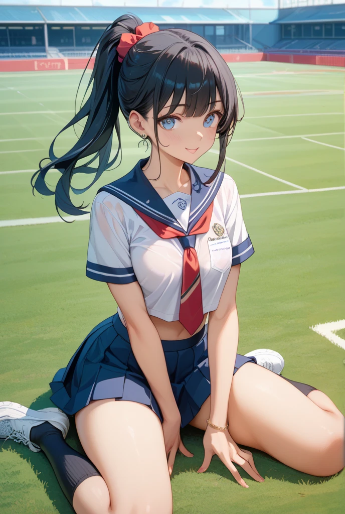 Yukino yukinoshita, long hair, cleavage, navel, slim legs, black hair, blue eyes, short skirt, thigh high socks, teen, happy, tennis player uniform, park, Belly