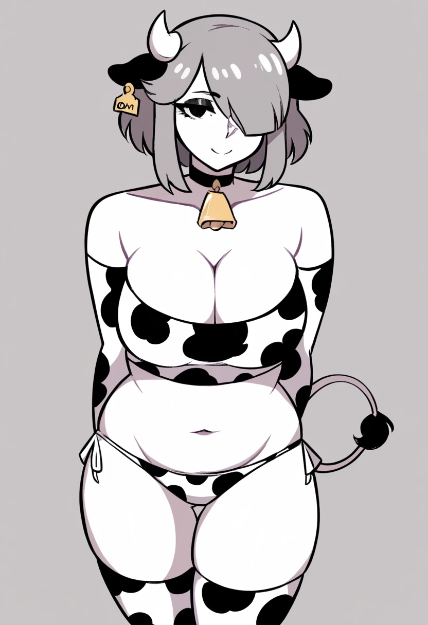 1 girl, alone, ppka, black fur, short hair, messy fur, Ahoge, parts, parts por todo el cuerpo, grey eyes, empty eyes, blind, nervous, slight smile, cute look,
cow suit, white thong with black spots, tight bra, white bra with black spots, white, gold bell necklace, long gloves, tight gloves, white gloves with black spots, heart tattoo, purple heart, tattoo under the navel, exposed navel cow lingerie, cow ears