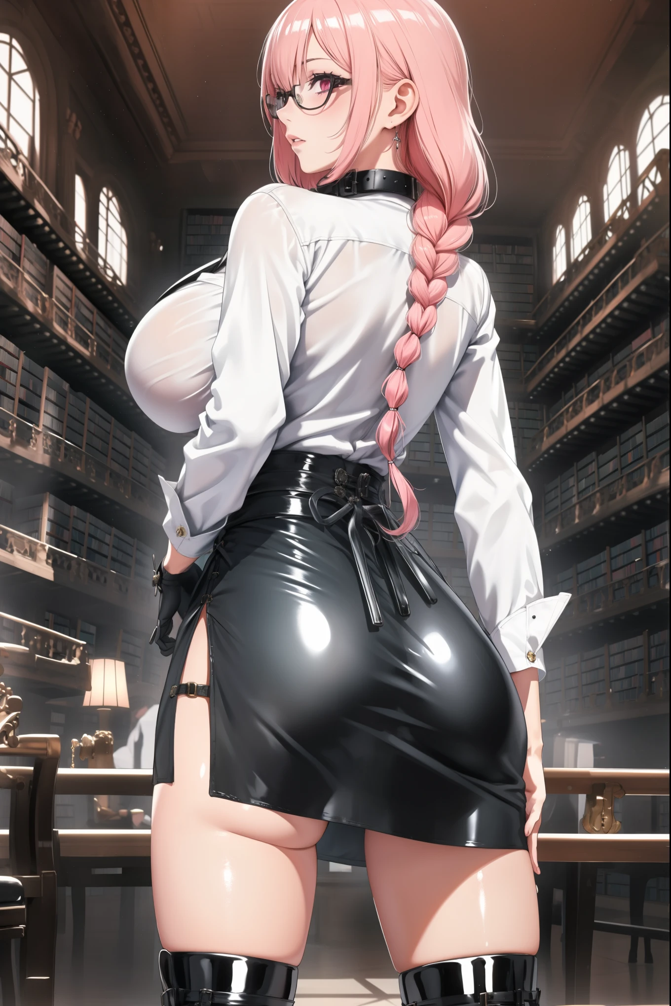 bright clothes, A girl, (Yanagi Tsukishiro ), Alone, Standing, (seen from behind), Perfect ass Looking at the spectator , slender hips , long braided hair pink, beautiful eyes , detailed eyes , Pink Eyes, huge breasts, sensual lips, ((samurai armor shoulder pad)), harness, (glasses), black gloves, ((high waist shiny black miniskirt)), ((White buttoned shirt with collar)), (Gothic style library ), Gloomy ambience,
