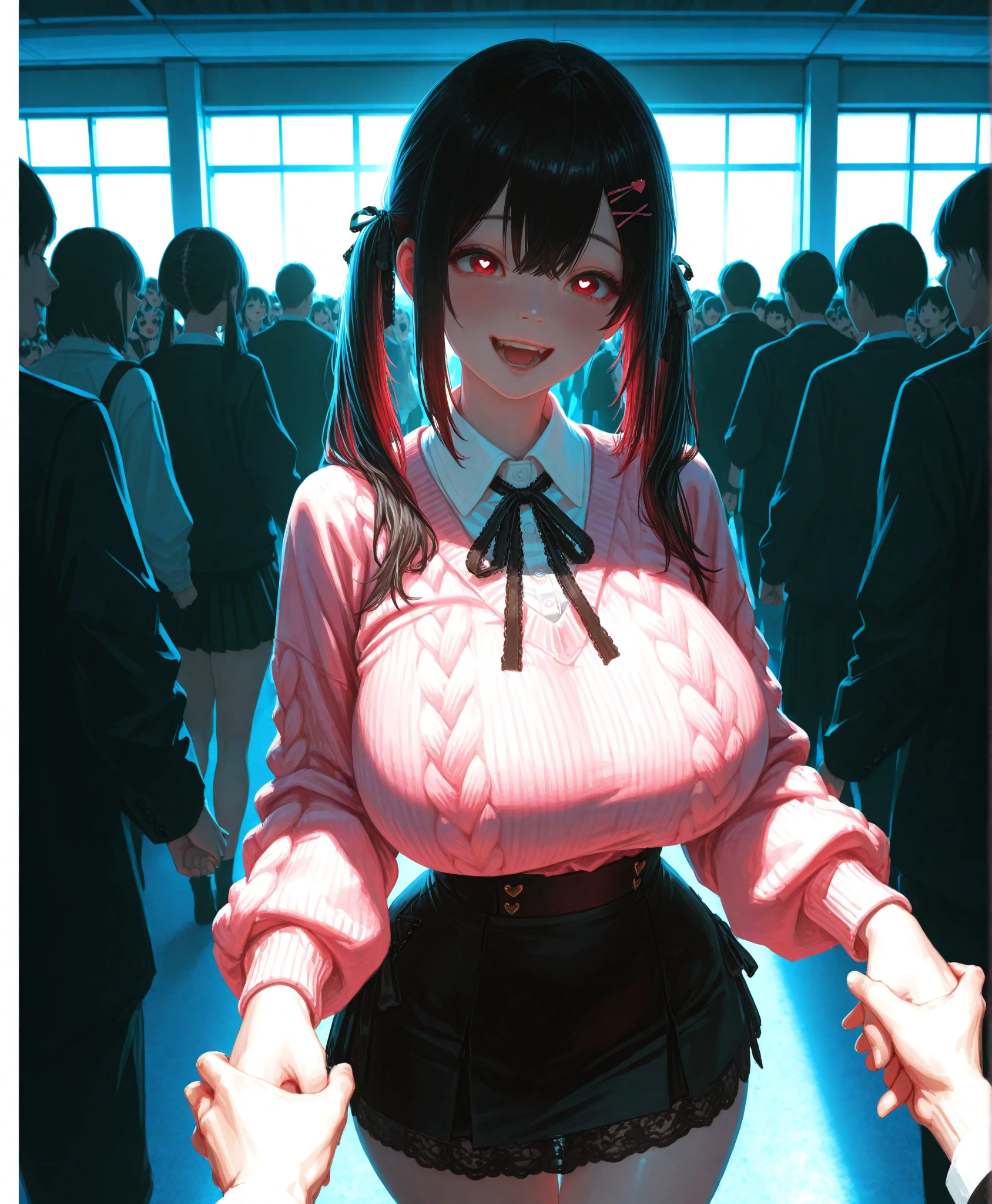 masterpiece, Highest quality, Nico_Yazawa,High resolution, 1 Girl, alone, Brown Hair, short hair, Twin tails、Purple eyes, Cowboy Shot,, (Cleavage)、(Beautiful thighs)、city, Outdoor, garden, Carrying a red backpack, (randoseru backpack:1.2) Sweaty、Thick thighs、Highest quality、4K、1girl, 8years old, loli, cute, grin, 、、In the city、Lots of spectators、、Thick thighs、、Men holding their penises and surrounding girls、Semen from the penis、Bukkake、Bukkake、（Bukkake）Ahegao、low length
