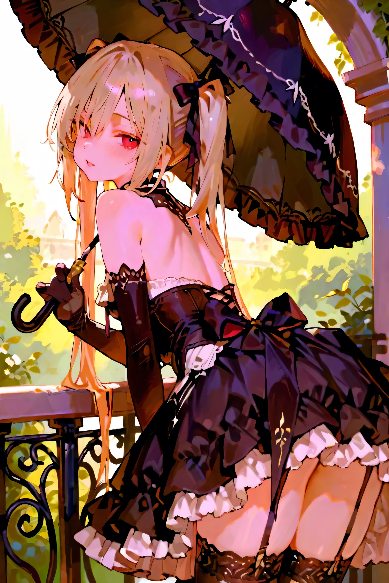 A silver-haired gothic girl with soft twin-tails stands at the edge of a sunlit garden wall. She’s leaning slightly forward with curious eyes, adjusting her frilled parasol against the breeze. Her delicate skirt flutters subtly, revealing a glimpse of her lace petticoat—but not more. Her expression is a blend of innocent mischief and reserved grace, as if she’s aware she’s being watched, but won’t admit it. The afternoon sunlight dances over the ribbons and folds of her outfit. Her gloved hand gently presses the skirt back down, cheeks faintly pink, lips parting just slightly—as if to say something... but she changes her mind.