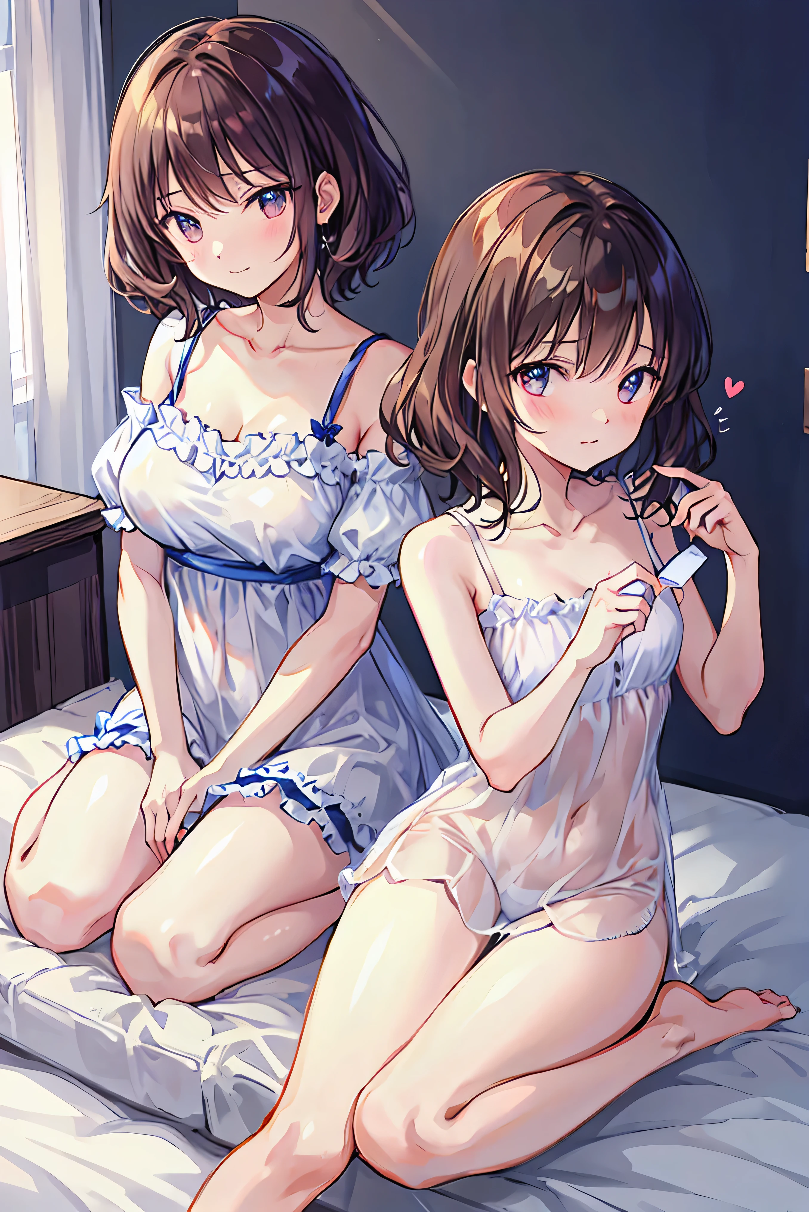 short hair,short hair,Straight hair、Brown Hair、Twinkling eyes、Amber Eyes,Embarrassing,Lying in bed,small胸、Shine、reflected light、Film Grain、masterpiece、Textured skin、Super Detail、Attention to detail、high quality、最high quality、High resolution、16K、Shine,naked,Two people,Licking each other,make out,(small,young,upon),Sweat,Round 1
