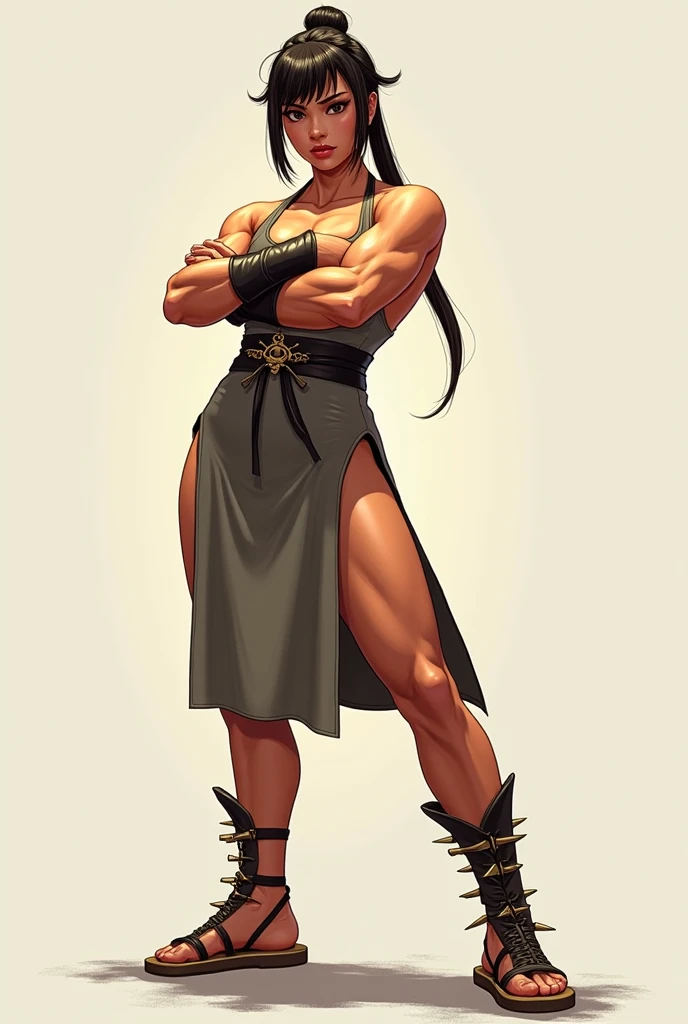 Appearance
Gender: Female
Age: Mature
Race: Drow (elf with dark skin and white hair)
Height: Full-body
Skin: Gray
Skin: Gray
Background: Plain Gray
Eyes: Purple
Attire: Bikini, revealing abdominal muscles
Accessories: Large earrings, ragged rags, chain necklace