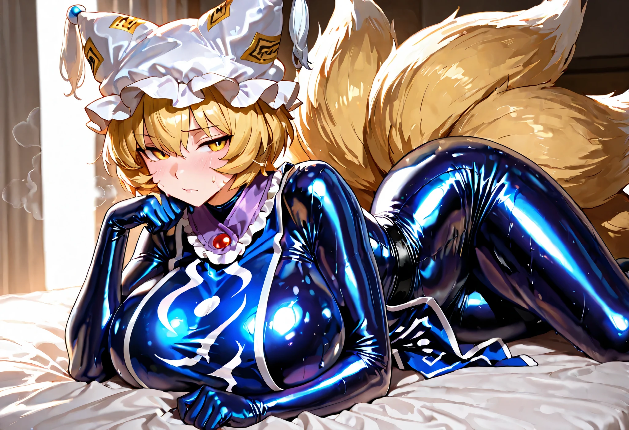 (masterpiece, Highest quality, Ultra-high resolution), yakumo ran, 1girl, yellow eyes, short hair, blonde hair, multiple tails, fox tail, fox ears, white headwear, (blue latex suit), The clothes fit perfectly, latex has a strong metallic sheen, Glossiness, shiny, sweat, steamy, latex purple tabard, huge breasts, Glossiness, glossy skin, bedroom, Lying in bed, backlight,