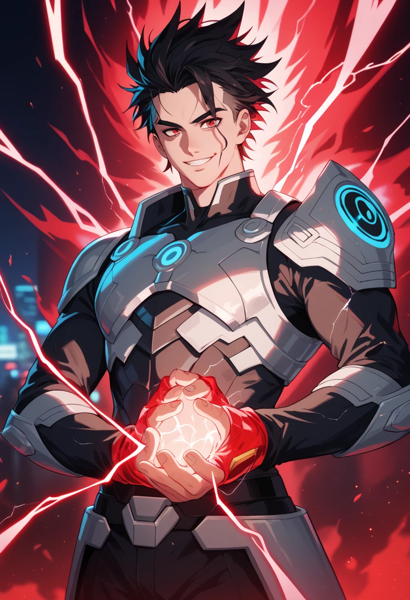 black hair, white skin, spiky hair, strong physique, bright red eyes, black and red energy, black and red electricity, man, anime style, electricity in hands, smiling, cyberpunk background, night, fantastic lighting, focus on character, solo, technological armor, iron armor, red energy, Tristan Lione, messy hair, futurist