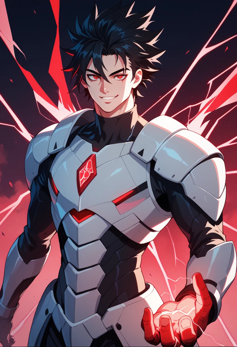 black hair, white skin, spiky hair, strong physique, bright red eyes, black and red energy, black and red electricity, man, anime style, electricity in hands, smiling, cyber background, night, fantastic lighting, focus on character, solo, technological armor, iron armor, red energy, Tristan Lione, messy hair, futurist, Ultron