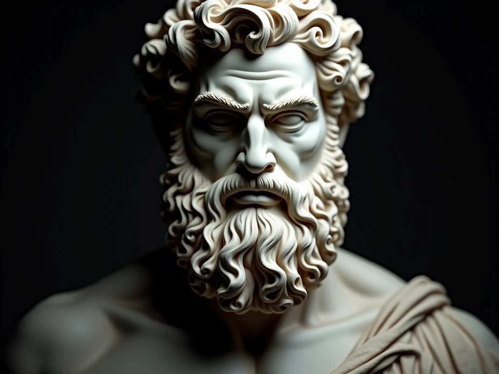 A closeup of a statue of a strong man, com barba, A marble sculpture of Zeus, classical realism, macho, wise, postura de poder, marble carving, 8k, cinemactic, (skulls :0.3) ,(blood vessels attached to tubes),(biomechanical vertebra attached to the thorax),((biomechanical cervical attachment to the neck)) ((Masterpiece artwork), (best qualityer), (ultra detali), fancy, scientific fiction, horor, ((from front view)), alien Realistic, intrikate ((biomechanical detail)), (Metal details), cyberpunkstyle, neon light, work-πrima, awarded photo, analogue style, dark bedroom, Dappled Light