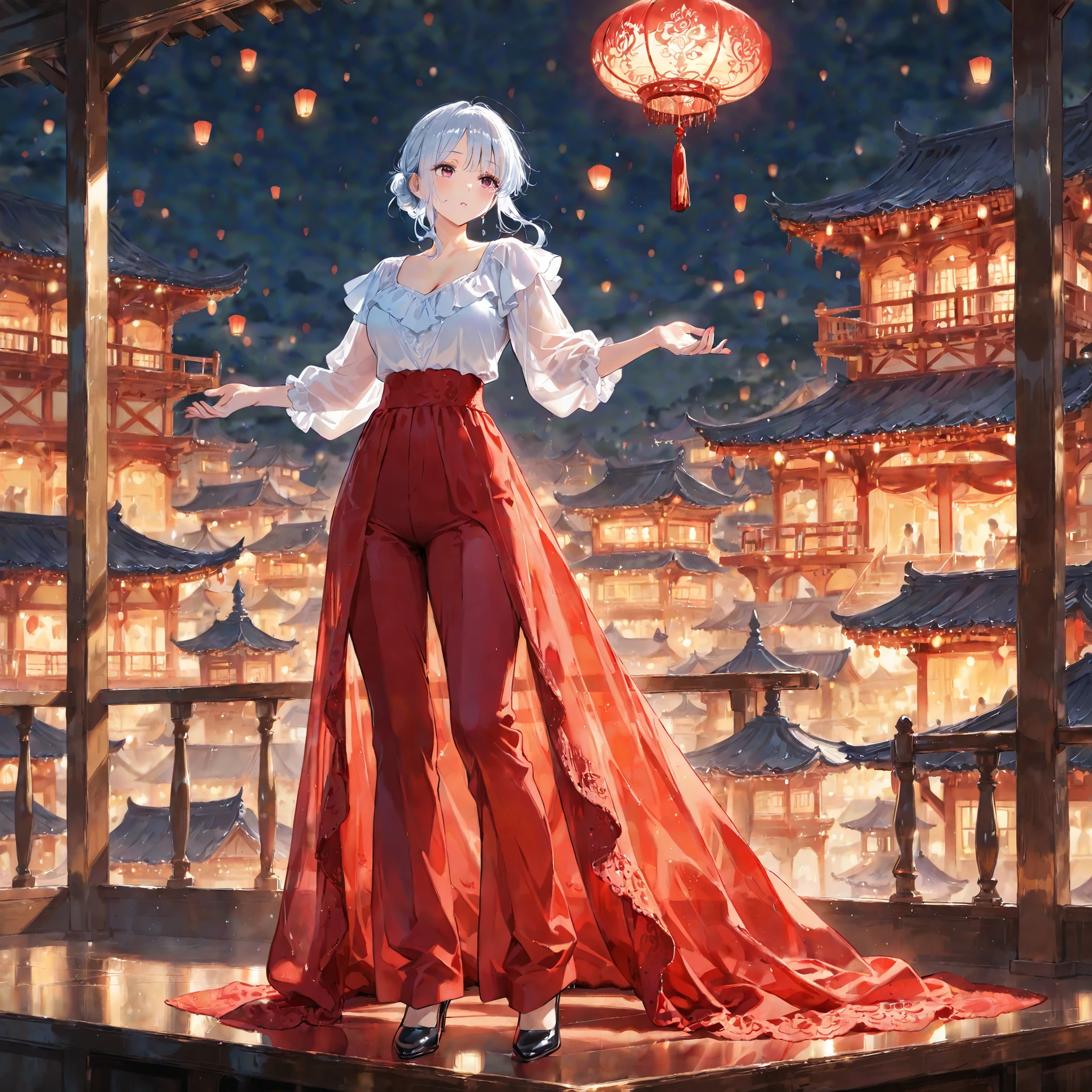 Female, Adult, Transparent Hair, Hair in Bun, Neutral Expression, White Blouse, Red Ballroom Dance Pants, Standing On Building