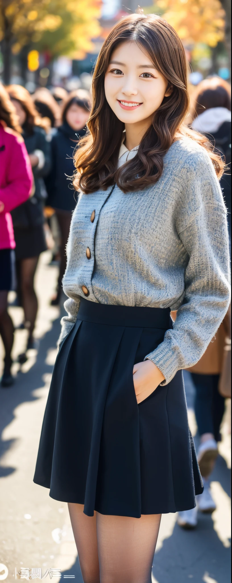 Best-quality, Masterpiece, Ultra-High-Resolution, (Photorealistic:1.4), Raw-Photo, Extremely-Details, Perfect-Anatomy, 

at noon, on Japanese autumn street, 

1girl, 12-years-old, the most famous Japanese idol, 

(extremely beautiful black short-cut-haired, extremely cute face like a most popular Japanese idol, extremely beautiful big black solid circle eyes), extremely beautiful skins, extremely beautiful skinny body, extremely beautiful skinny thighs, 

((((wearing trench-coat, very tight colorful knit dress, black pleated mini skirt)))), 

innocent smile, dynamic pose, (upturned beautiful small ass), 

detailed face, detailed eyes, detailed hair, detailed white skins, detailed skinny body,  detailed skinny thighs, detailed trench-coat, detailed very tight colorful knit dress, detailed black pleated mini skirt