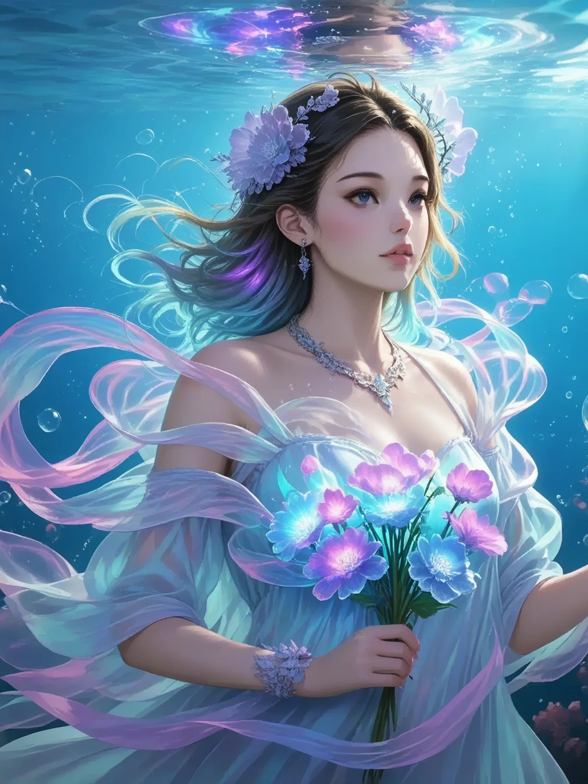 There was a beautiful lady who came out of the sea sitting in a huge shell，A golden apple in hand,Perfect posture，Fair smooth skin，floated hair，Venus out of the water，No clothes，Surrounded by a white cloth，Clear seawater，There are three dolphins in the distance，Exquisite beauty，Show the perfection of the body，Goddess. Extremely high detail, extremely detailed goddess shot, Extremely detailed flower goddess,Blue sky，The background of the character has a light rainbow aperture， hyper HD，psychedelic goddess, goddess art, Beautiful digital artwork, Beautiful goddess，tmasterpiece，4K，Realiy，photorealestic，professional photoshooting，超高分辨率，