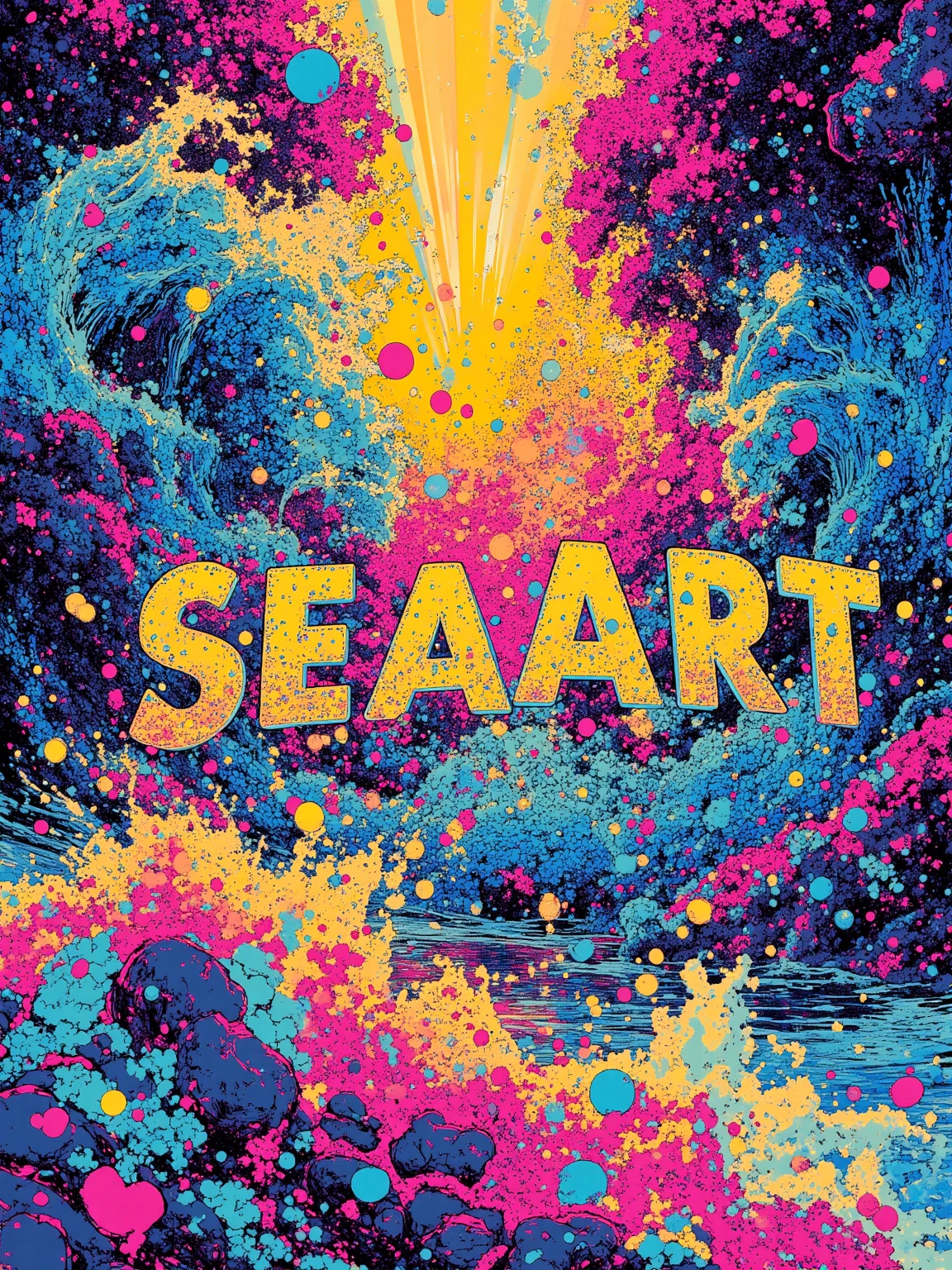 A vibrant celebration of the Seaart logo, rendered in Neo-Impressionist style with meticulous pointillism and divisionism techniques. The logo stands prominently in the center, composed of thousands of tiny, distinct dots of pure, unmixed colors creating a shimmering effect. Surrounding the logo is an explosion of complementary colors - bright aquamarines, deep ocean blues, sunset oranges, and coral pinks - all dancing and radiating outward in rhythmic patterns. Golden light appears to emanate from the logo itself, with small particles of light scattering across the composition like sun reflecting on water. The background features swirling patterns reminiscent of ocean currents and waves, all depicted through the characteristic dotted brushwork of Neo-Impressionism. The overall effect is dazzling, eye-catching, and festive, with the pointillist technique creating vibrant optical color mixing that makes the image appear to shimmer and move when viewed. ultra detailed. pop art.