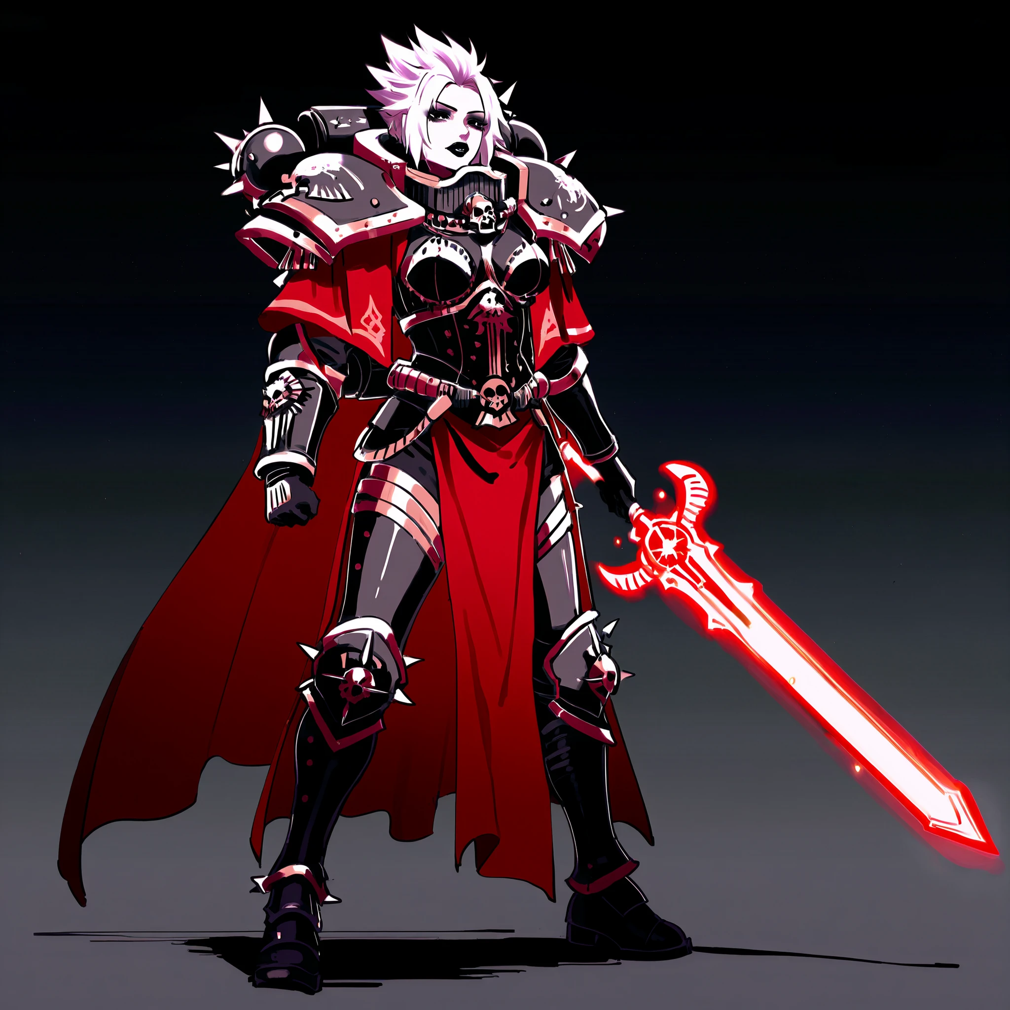 score_9, score_8_up, score_7_up, score_6_up, score_5_up, score_4_up Adepta Sororitas with short white spikey hair, black lipstick and black eyeliner, goth look (Spiked hair), full body weilding a glowing power sword warhammer 40k battle pose