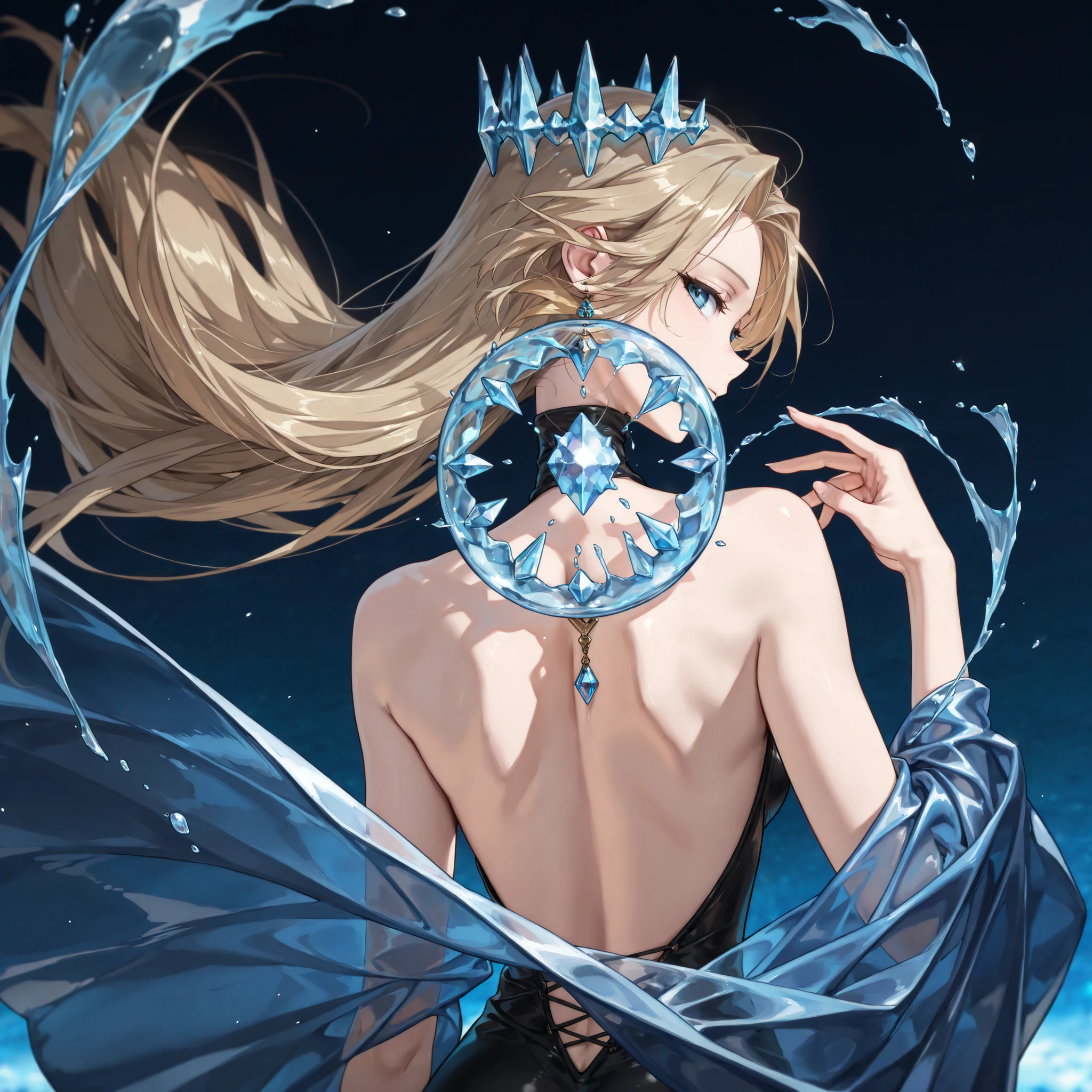 masterpiece, best quality, amazing quality, very aesthetic, high resolution, ultra-detailed, absurdres, (hands:-0.22),
1girl, woman, solo, (looking at viewer, three quarter angle, back shot, medium shot:1.19), blonde_hair, long hair, blue_eyes, (naon yuno:0.62), defKat, brown hair, long hair, earrings posing, modelshoot, modelling, memokeeper, crystal glass, reflective glass, reflective cape, crystal crown, blue flowing energy, glassy water,
BREAK, depth of field, volumetric lighting