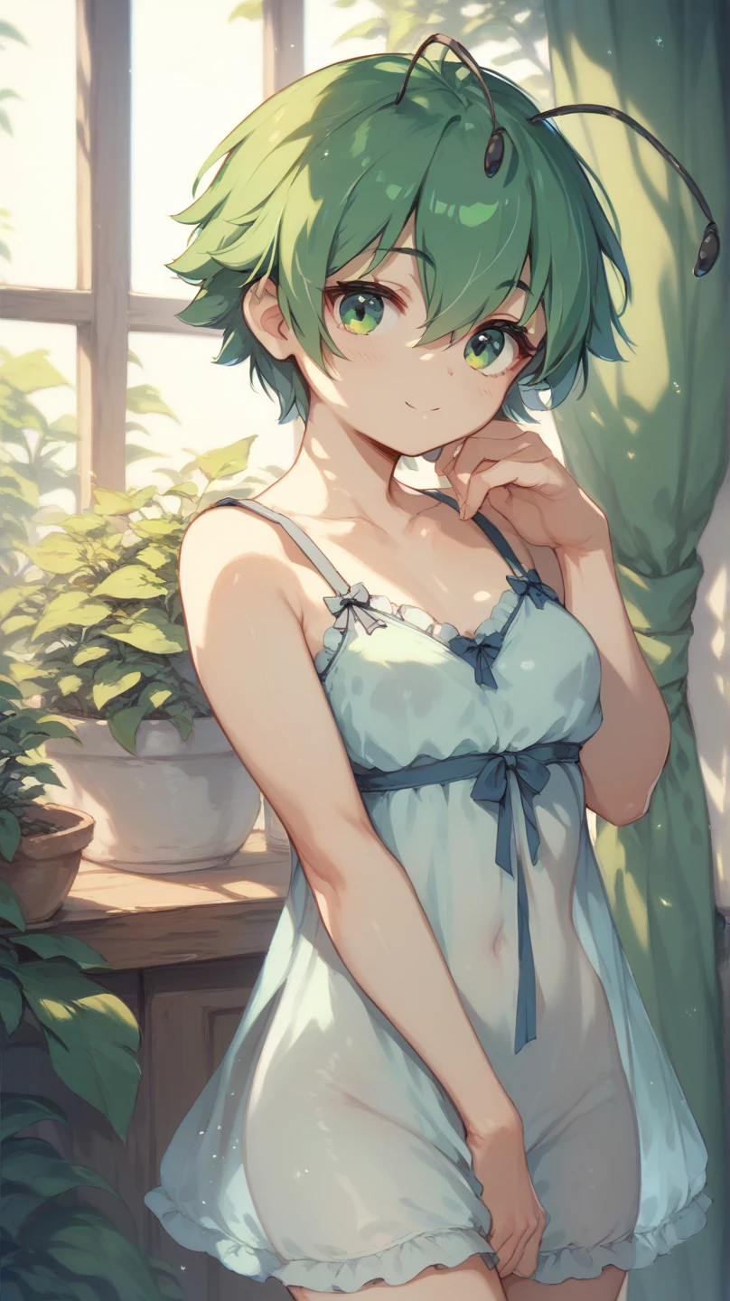 masterpiece, beautiful illustrations, highest quality, pretty girl, 1girl, Bedroom, pastel colour, (two-separated lingerie), cute lingerie, (Spring Green bob cut), bright lighting, sky-blue eyes