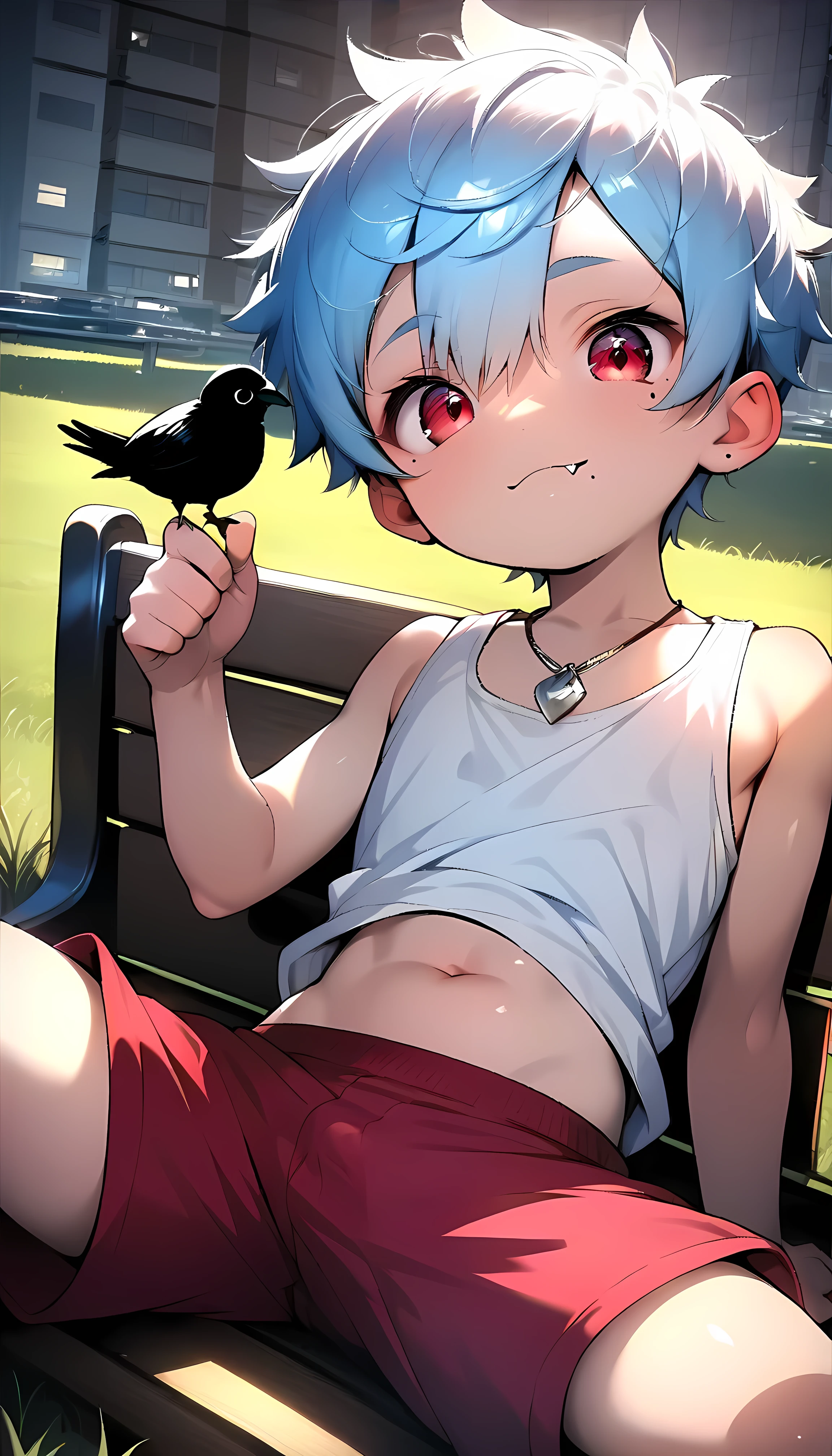 (score_9, score_8_up, score_7_up), realistic face, (perfect face), (detailed face:1.3), (detailed eyes:1.3), (cute eyes), (shiny eyes), (masterpiece eyes), (cute face:1.2), (1 boy), (shota:1.5), (sitting on bench:1.3), (arched back), (one hand on chine:1.2), BREAK (white tank top), (red short pants), BREAK (light blue hair), (wine red eyes), (black irises), (eyes with highlight:1.2), (mole under eye), fang, BREAK (city park:1.2), (building), (grass), (small cute crow on head:1.2), (soft white lighting), (silver necklace), navel, (look at viewer), (soft natural lighting), wind blowing, from below,