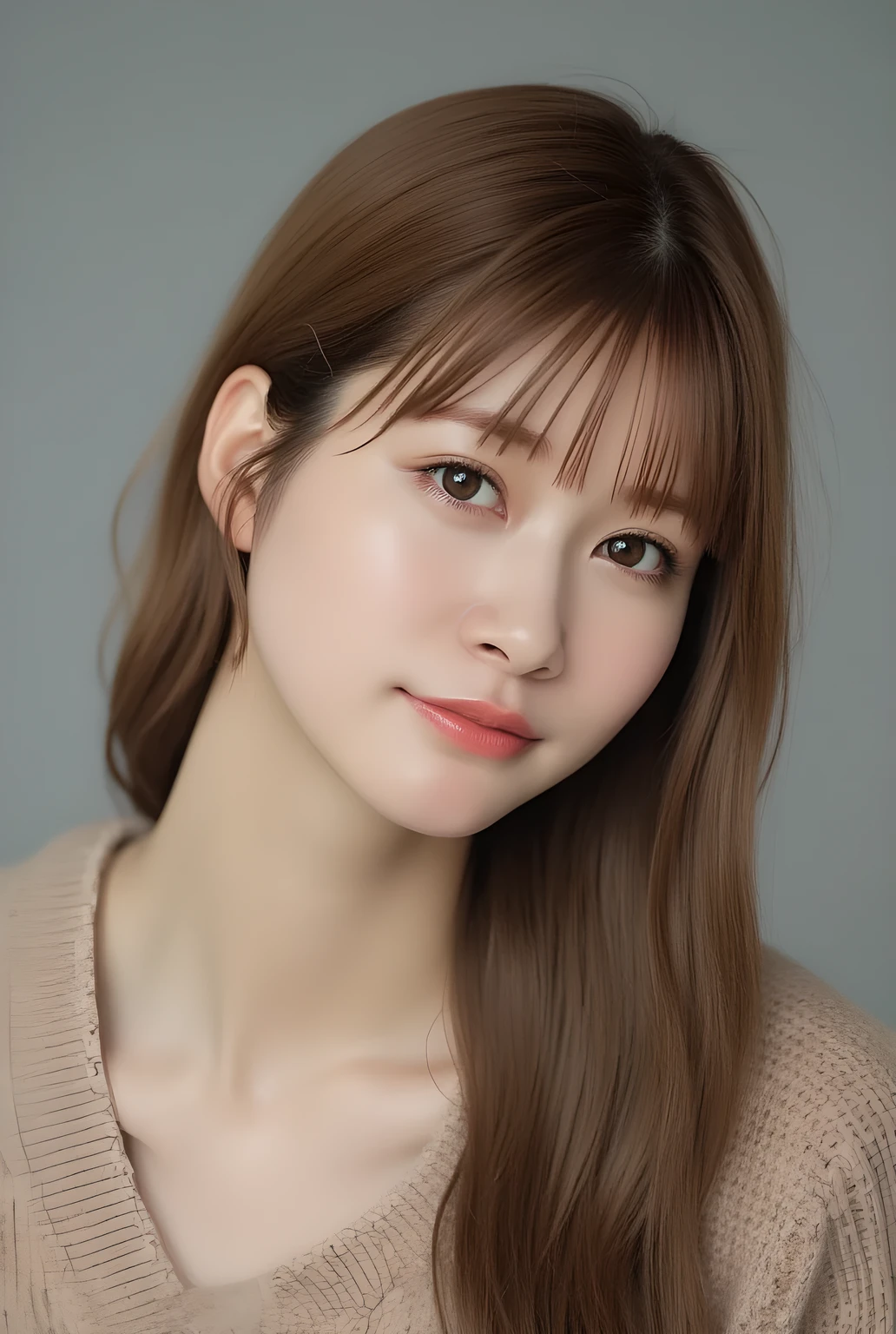 ultra-realistic, photorealistic, best quality, 8K, top-quality, masterpiece, ultra-detail, super high resolution, Improvement of quality, Enhances the beauty of skin texture, Clean and glowing skin, Smoother lighting, Improving the quality of cinema lighting, Backlight, A gentle light for face, 32K, 1girl, solo, Meru Nukumi, small head, perfect female body, Skinny, Slim Waist, large breasts, detailed skin, smooth skin, (fair skin, white skin:0.5), Beautiful Lips, Beautiful Face, (White Collared blouse), High resolution, Natural look, Improves hair quality, Delicate light and shadow, Beautiful Eyes, Sharp details, Soft light reflection, Delicate skin tone, Fine hair texture, beautiful hair, pink cheek, Light Smile, Beautiful and perfect face, perfect anatomy, Kind eyes, (beautiful black eyes, beautiful detailed eyes, detailed eyes:1.2), gray background, meru_nukumi, meruru_flux, nukumi_meru_flux_, Upper Body:1.3, Portrait, from front, beautiful detailed face, face focus,